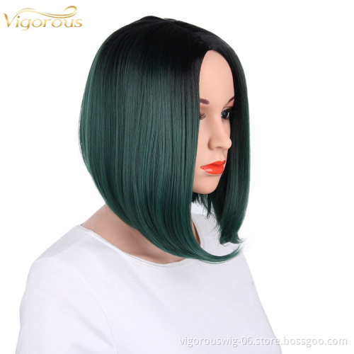 Heat resistant high quality wholesale premium vendor ombre blue short straight wavy hair synthetic wig lace front black women